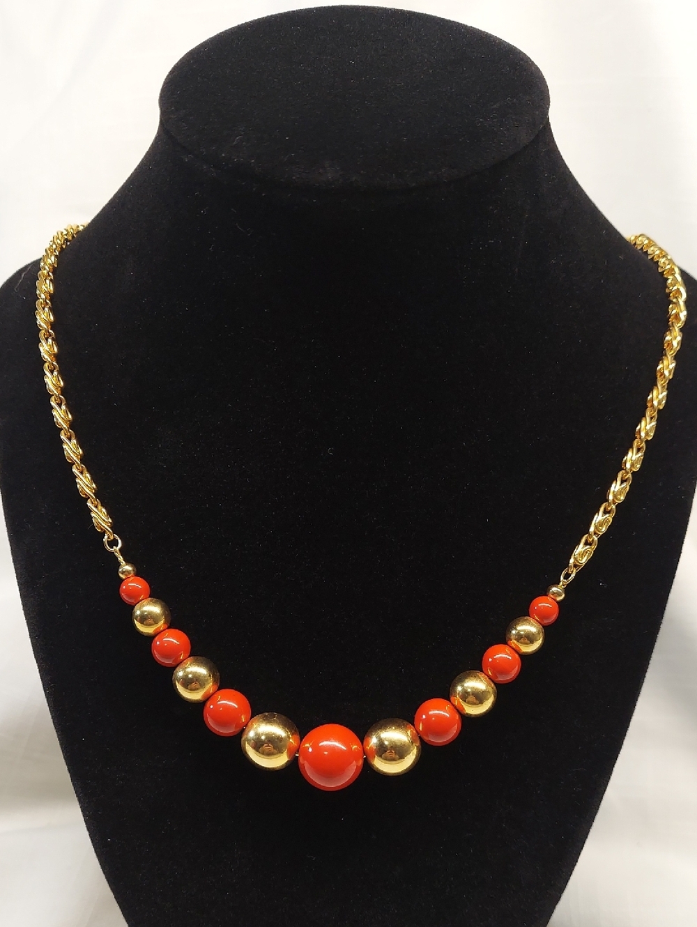 Gorgeous Gold Tone ChainNecklace with Red and GoldTone Beads Elegant 24" VTG